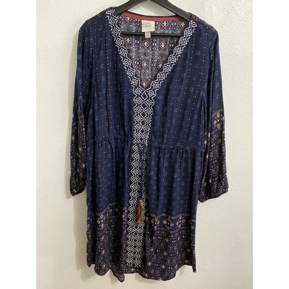 Knox Rose Navy Blue Long Sleeve Boho Tassel Knee Length Dress XXL M6
